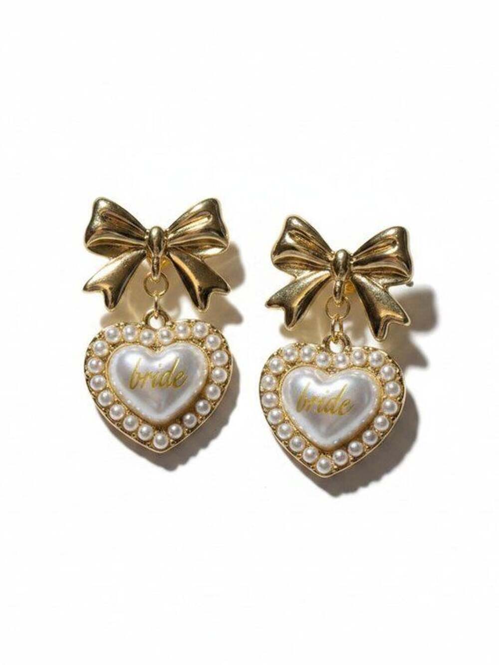 Gold Tone‎ Bride Heart Faux Pearl Bow Drop Earrings Wedding Bridal Jewelry